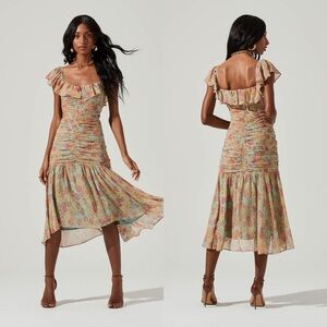 NWT ASTR The Label Devereaux Chiffon Cutout Midi Dress in Mint Coral Floral sz S